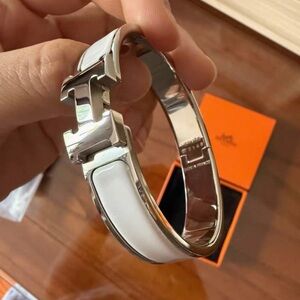 Hermes White Enamel H Clic Clac Bracelet with Silver Hardware